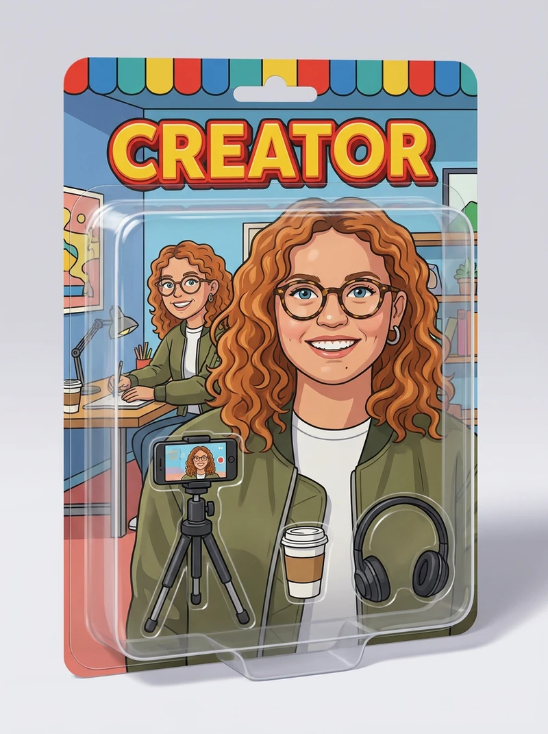 AI action figure test, Nano Banana Pro: figure in a blister pack with illustrated card art behind it and the CREATOR header