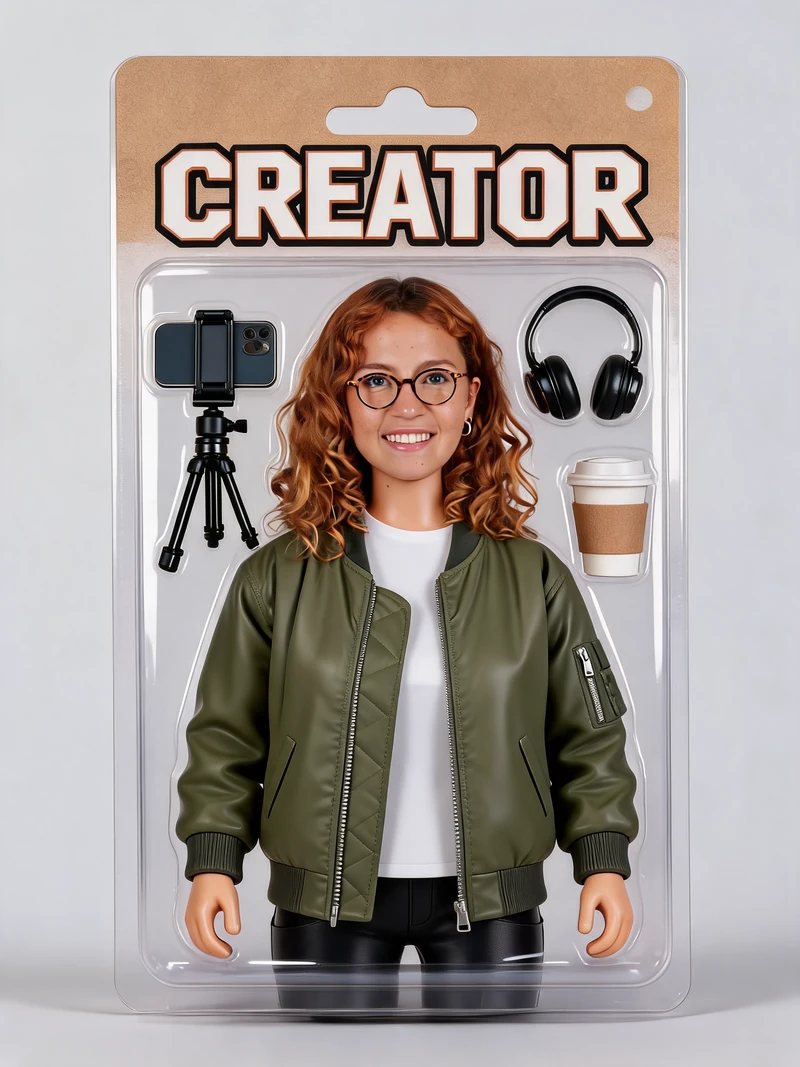 AI action figure test, Seedream 5.0 Lite: literal plastic-toy figure in a blister pack with the CREATOR header