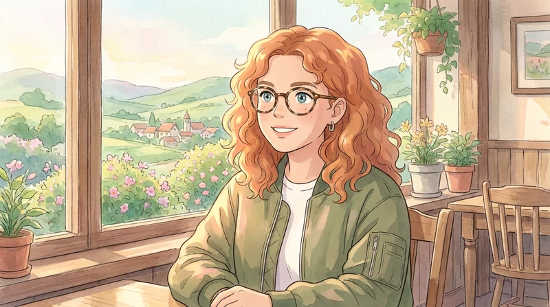 AI-generated watercolor anime still: a curly-haired woman in round glasses and an olive jacket by a cafe window, a hillside village outside