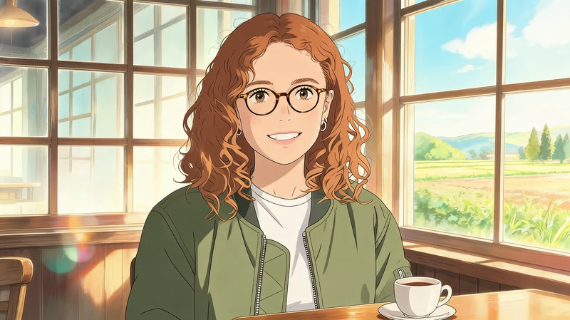 AI-generated anime still with crisp line art: the same woman at a sunny cafe window with a coffee cup, farm fields outside