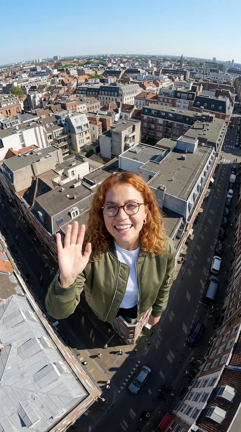 High-angle AI-generated start frame: a woman in glasses and a green jacket waves at the camera from a city rooftop, streets and roofs below, clear sky
