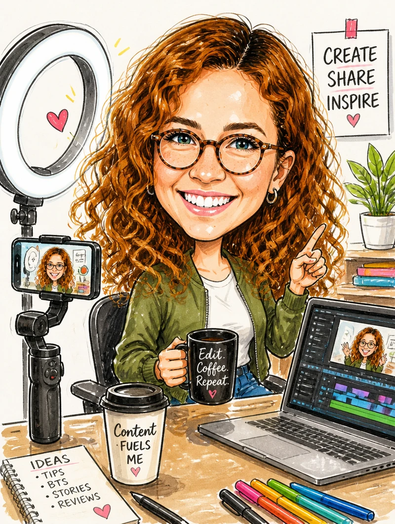 GPT Image 2 caricature of our test character at a content-creator desk, with a sign reading CREATE SHARE INSPIRE