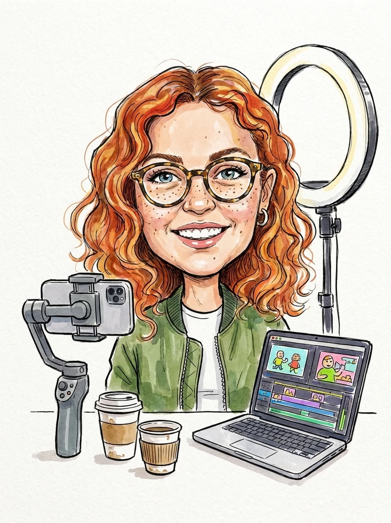 Nano Banana Pro caricature of our test character at a content-creator desk on white paper