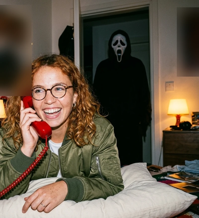 A 1990s bedroom flash photo of the test character on a corded phone, a masked costumed figure in the doorway