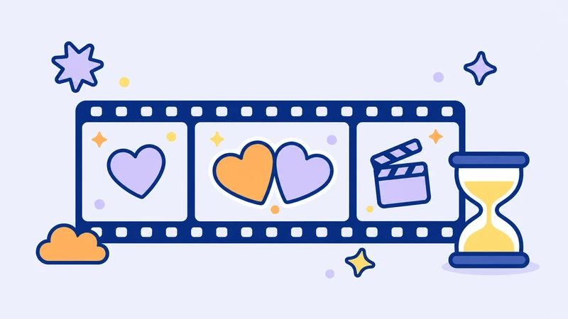Filmstrip with two heart stickers leaning together and a small hourglass, decorative cover illustration