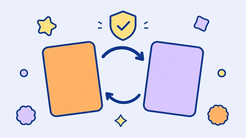 Two blank picture cards linked by circular swap arrows and a shield sticker, decorative cover illustration