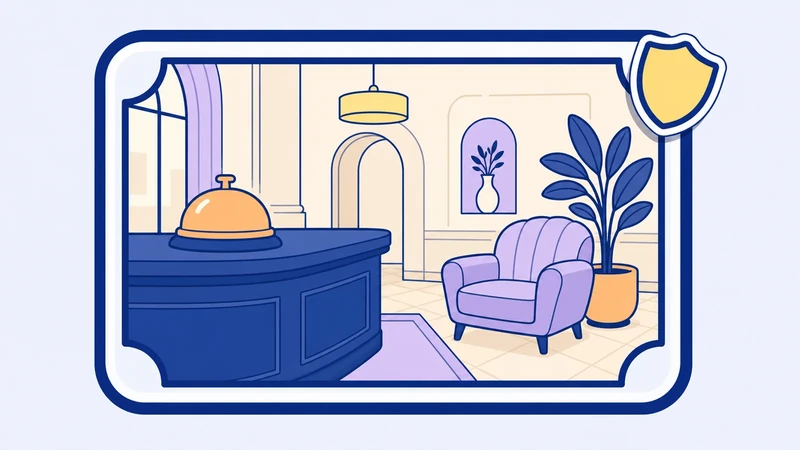 Empty hotel lobby with a service bell, armchair and plant on a collectible card, decorative cover illustration