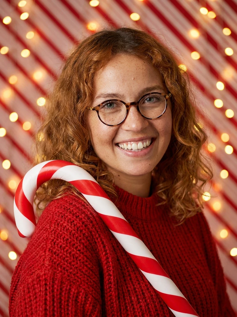 Close-up candy cane portrait on Nano Banana Pro: she holds the cane over one shoulder in front of red-and-white stripes, AI-generated test image