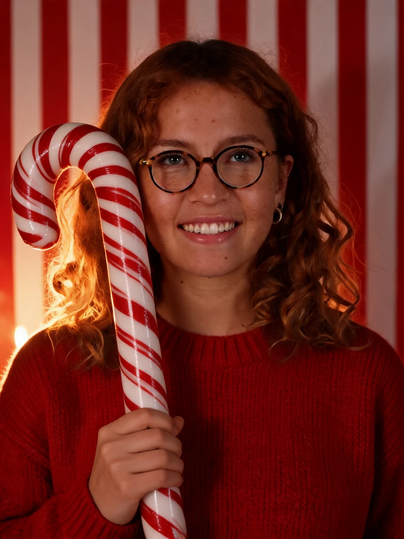 Candlelit candy cane portrait on Seedream 5.0 Lite: warm rim light on the hair, the face and the stripes evenly lit, AI-generated test image