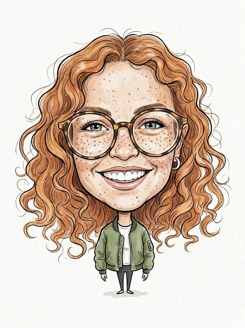 AI caricature test, Nano Banana Pro: big head on a tiny body, exaggerated freckles and glasses, ink and watercolor on white paper