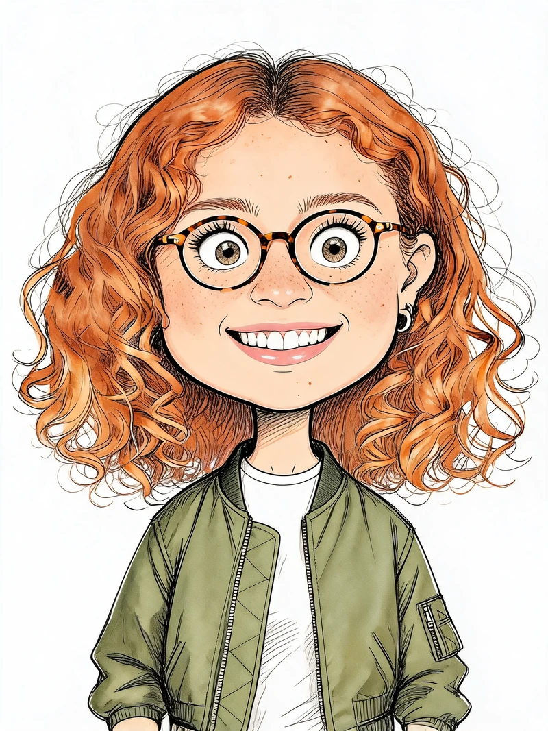 AI caricature test, Seedream 5.0 Lite: cartoon portrait with very large eyes, cropped at the waist