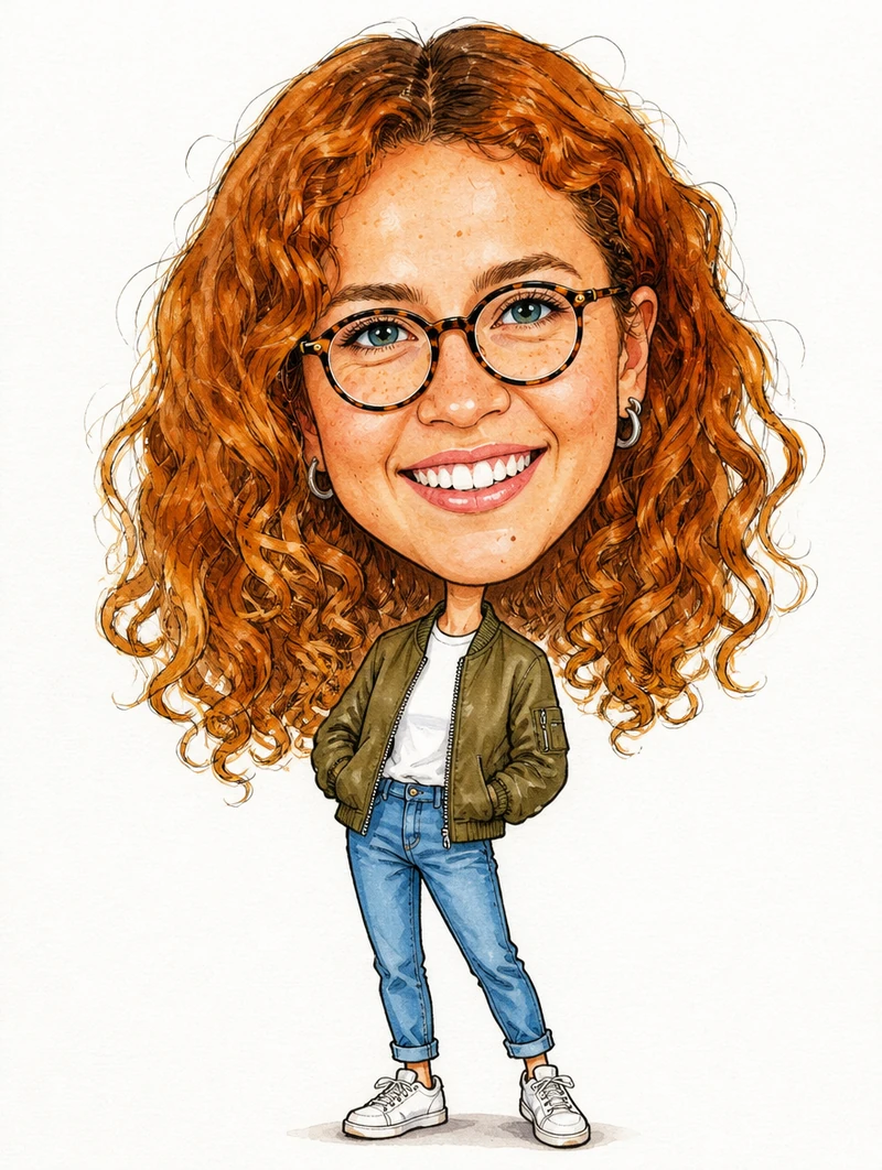 AI caricature test, GPT Image 2 via Higgsfield: big head, small body in jeans and sneakers, hands in pockets