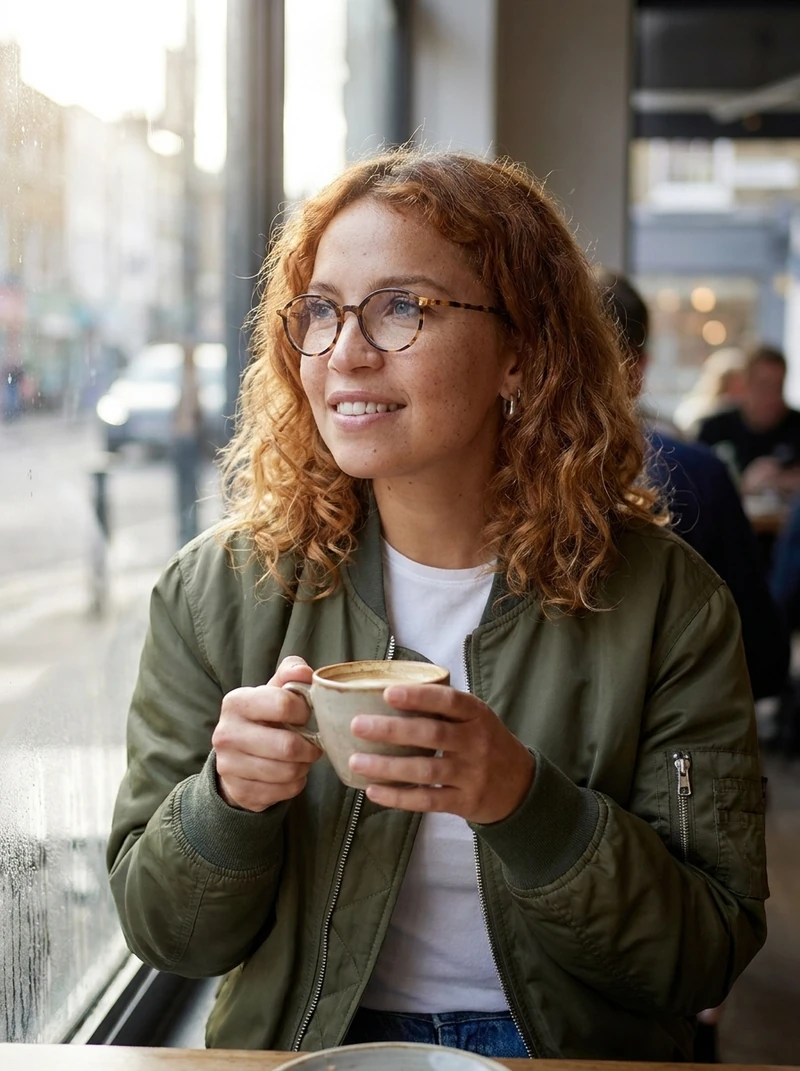 AI-generated photo of a fictional adult woman at a cafe window table holding a coffee cup in both hands, street visible outside, 1k Nano Banana Pro run