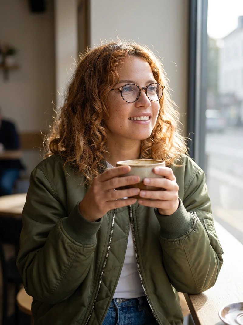 AI-generated photo of the same fictional adult woman at a cafe window holding a cup up in both hands, 1k Nano Banana 2 run