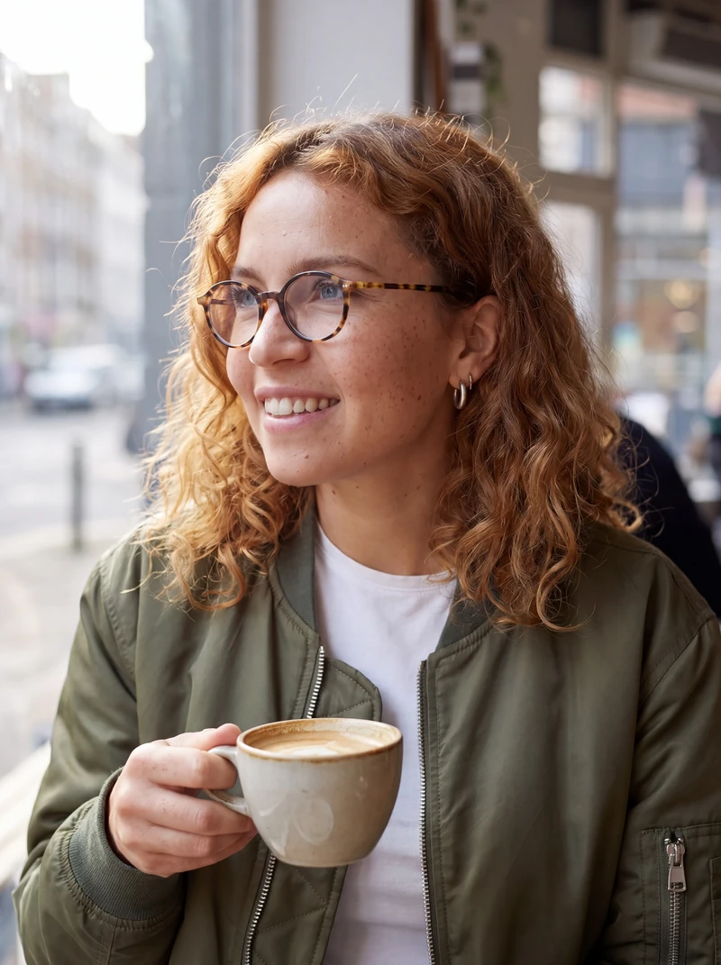 AI-generated 4k photo of the same fictional adult woman at the cafe window, hoop earring and tortoiseshell glasses visible