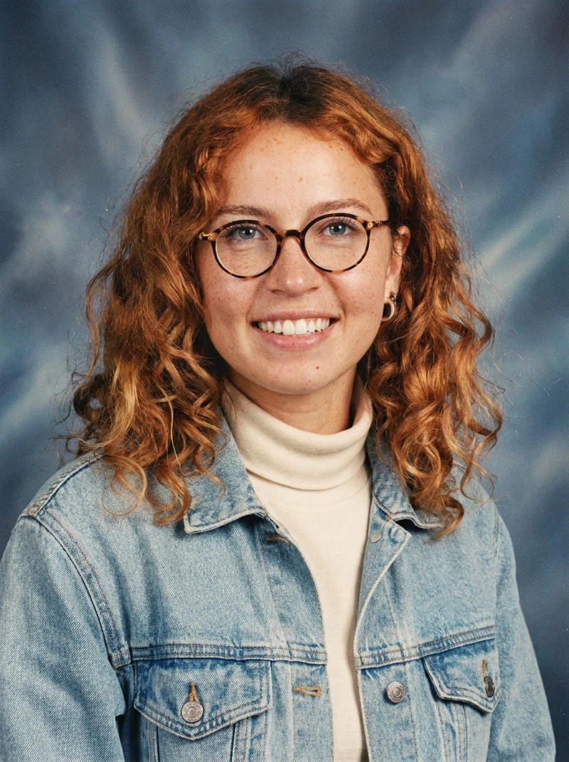 AI yearbook test, Nano Banana Pro: blue-gray backdrop with light streaks, film grain, denim jacket over a cream turtleneck