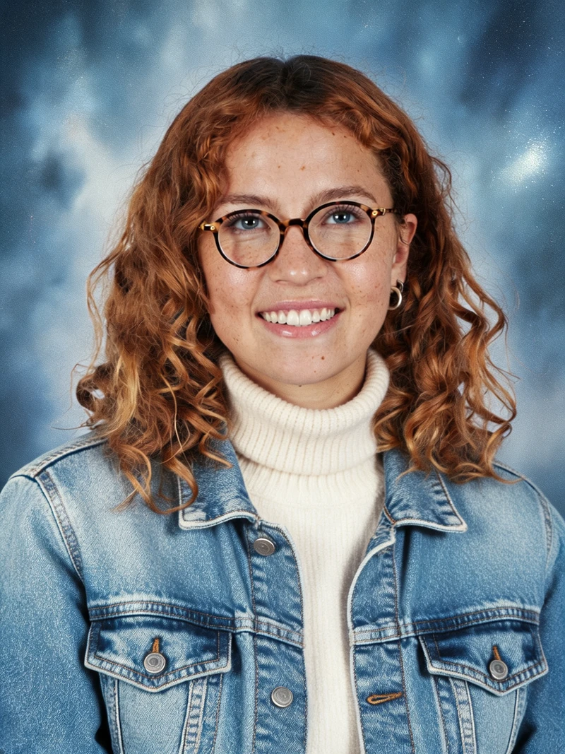 AI yearbook test, Seedream 5.0 Lite: blue backdrop with white sparkles, tighter crop, broader face