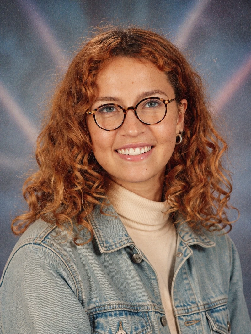 AI yearbook test, GPT Image 2: blue backdrop with pink-violet light beams, head tilted