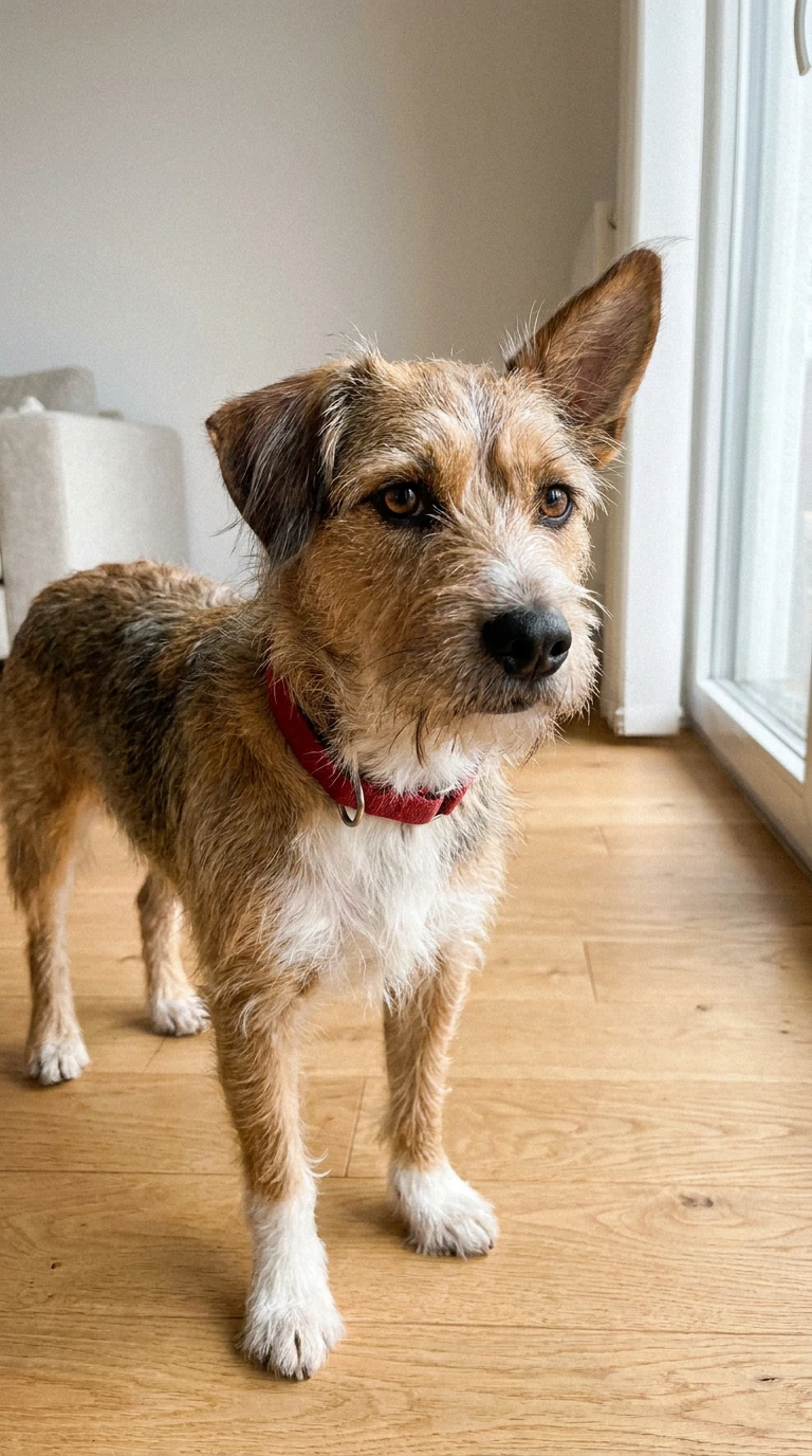 AI-generated fictional mixed-breed dog standing in a living room, one ear up and one floppy, hindquarters cut by the left edge