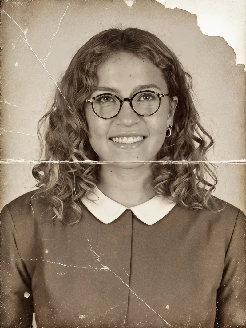 Synthetic sepia portrait of a woman with curly hair and round glasses: fine scratches, a fold line under the chin, cracks, torn top-right corner