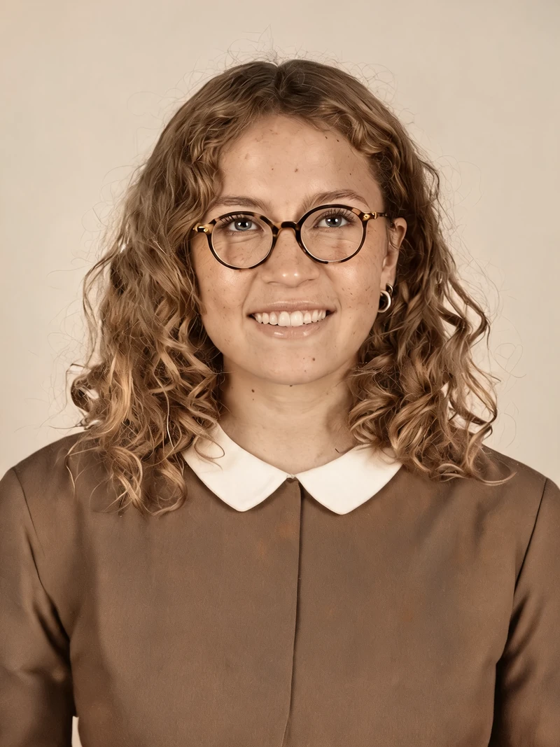 Restored portrait, Seedream 5.0 Lite: brown blouse, cream backdrop, warm sepia-like tone, face close to the input