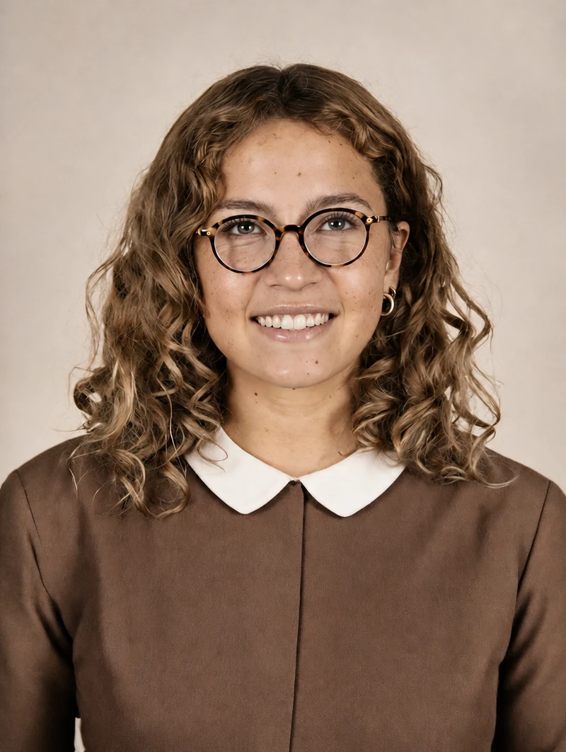 Restored portrait, GPT Image 2: muted brown blouse, beige backdrop, light film grain, slightly narrower face