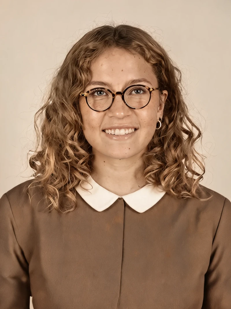 AI-generated test image of our fictional test character: the Seedream 5.0 Lite restore of our synthetic damaged photo, brown blouse, cream backdrop, warm sepia-like tone