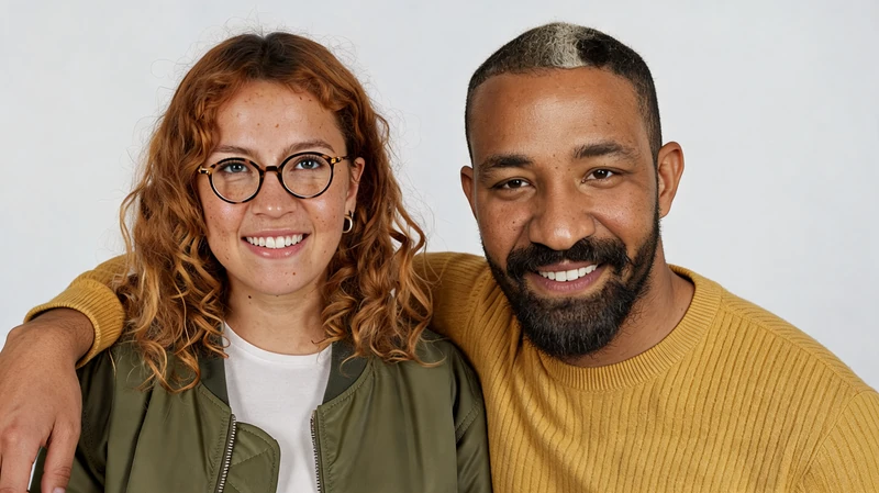 Two fictional adults against a light-gray studio backdrop, Seedream 5.0 Lite: a tight chest-up crop, his arm reaching in from the left edge, the woman's face rounder with dark freckle spots, glossy skin