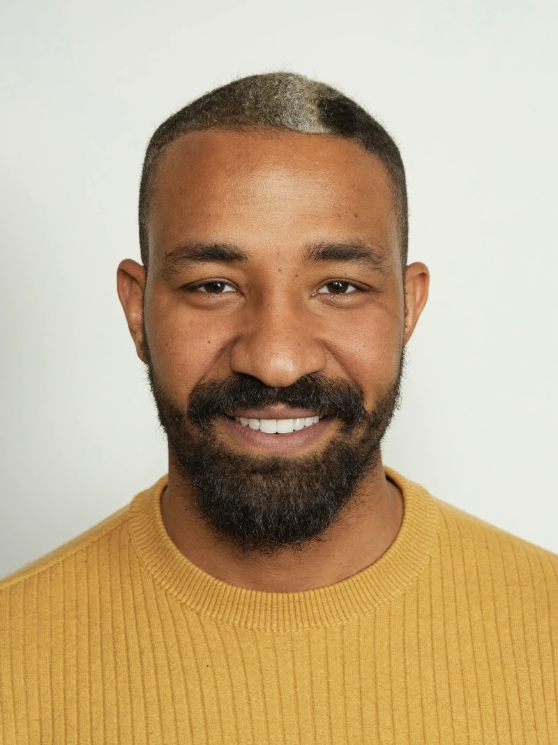 AI-generated portrait of our second test character, a fictional adult man: close-cropped black hair with a light-gray patch, full black beard with gray flecks, mustard ribbed crew-neck sweater, light-gray studio backdrop